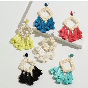 Straw Rattan Tassel Boho Earrings Dangle New Black